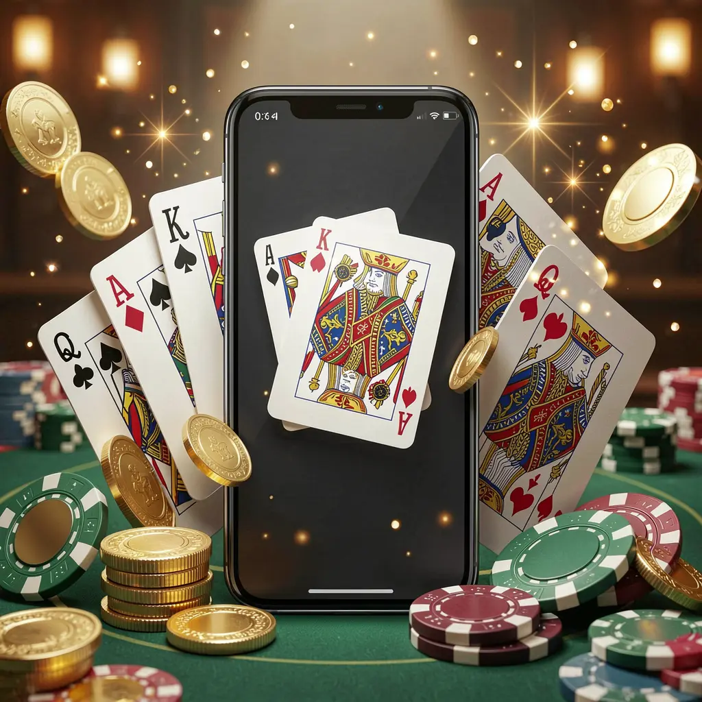 PK 345 mobile gaming application concept showing a smartphone surrounded by playing cards, roulette chips, gold coins, and sparkling lights in a premium casino style