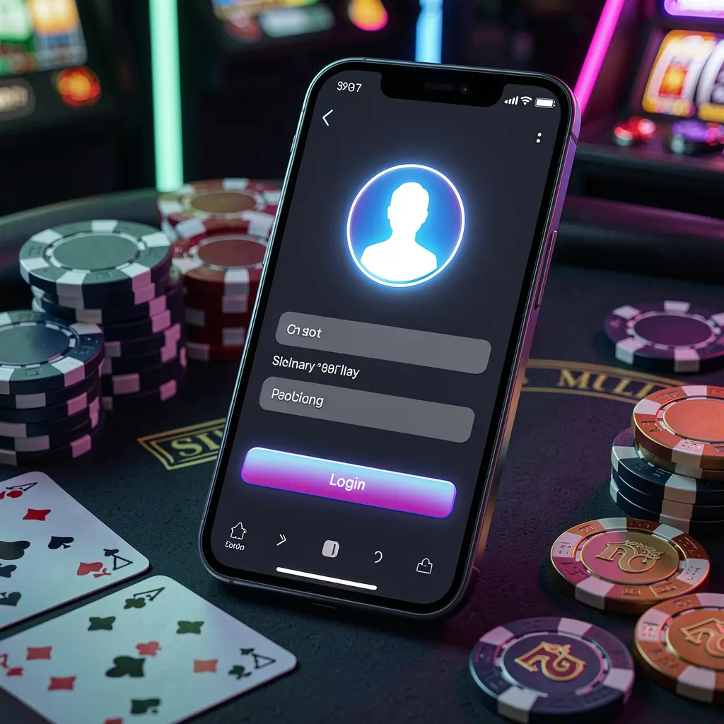 PK 345 casino app login scene on a smartphone with glowing user profile icon, surrounded by chips, cards, and coins against an elegant dark background with neon highlights