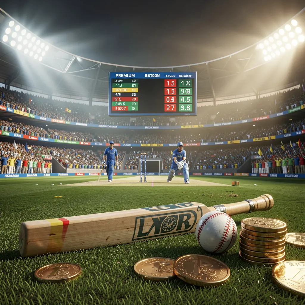 PK 345 premium cricket betting scene showing a cricket stadium filled with crowd, bat and ball in the foreground, digital odds graphics and coins under dramatic lighting in a high detail 3D render PK 345 premium cricket betting scene showing a cricket stadium filled with crowd, bat and ball in the foreground, digital odds graphics and coins under dramatic lighting in a high detail 3D render