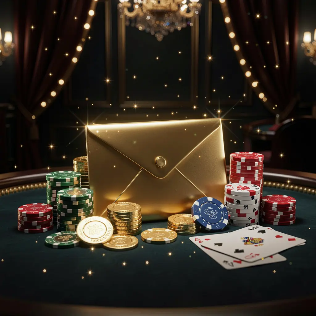 PK 345 exclusive casino promotion featuring a golden envelope, poker chips, coins, and playing cards illuminated by sparkling lights against a luxurious dark background