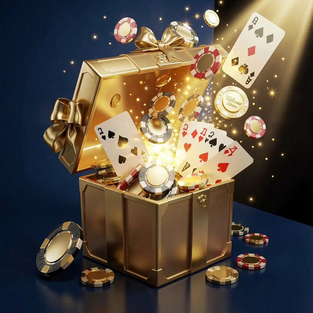 A luxurious welcome bonus scene for PK 345 online casino featuring an open golden gift box with casino chips, playing cards, and sparkling coins bursting out against a premium dark blue and black background with a bright golden glow in an elegant festive mood