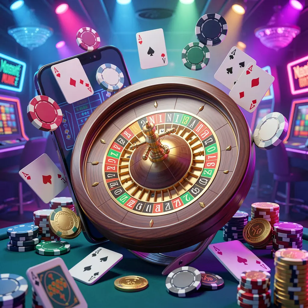 PK 345 mobile casino experience showing a smartphone surrounded by a roulette wheel, poker chips, playing cards, and coins in a bright neon casino atmosphere PK 345 mobile casino experience showing a smartphone surrounded by a roulette wheel, poker chips, playing cards, and coins in a bright neon casino atmosphere