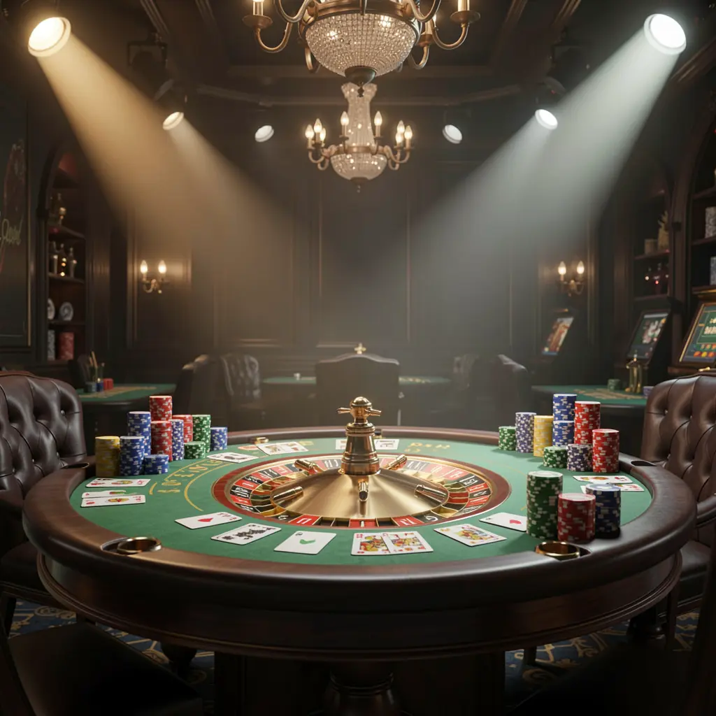 PK 345 live casino scene featuring a roulette table, playing cards, and chips under glowing spotlights with a dark elegant background in a cinematic 3D style PK 345 live casino scene featuring a roulette table, playing cards, and chips under glowing spotlights with a dark elegant background in a cinematic 3D style