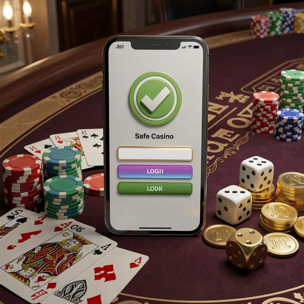 PK 345 safe casino login concept featuring a smartphone with a verification checkmark icon surrounded by chips, cards, dice, and golden coins on an elegant luxury casino table in a 3D realistic render