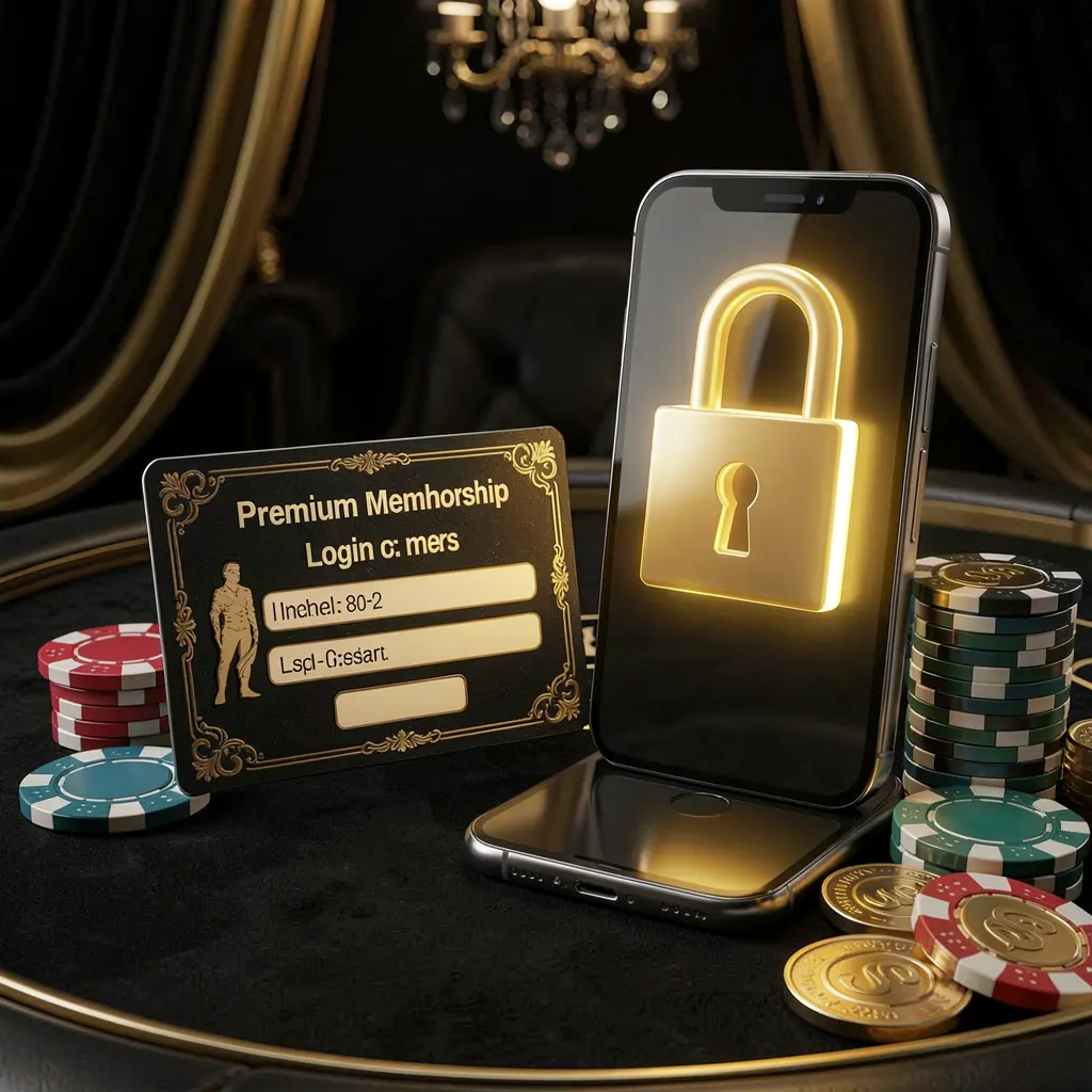 PK 345 casino member login concept featuring a premium membership card beside a smartphone with a glowing lock symbol, poker chips and coins on a black and gold luxury background in a realistic 3D illustration